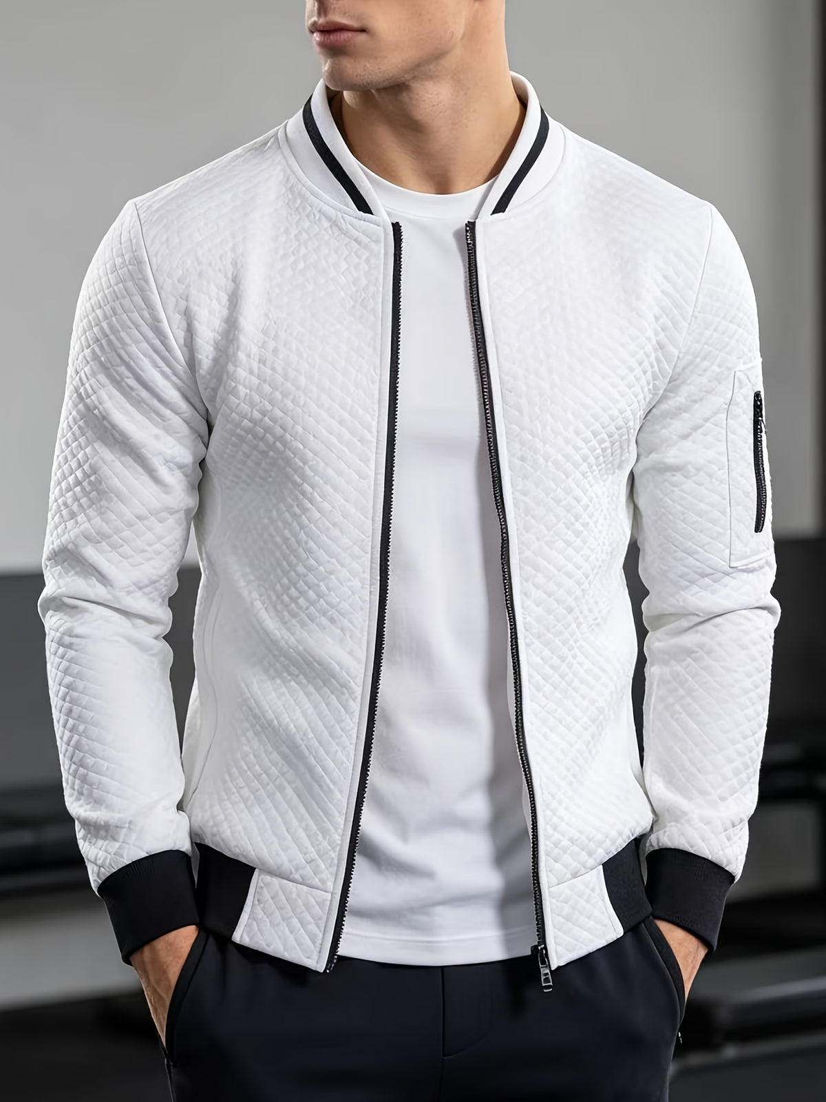 Men's Quilted Baseball Jacket with Stand Collar for Spring/Fall