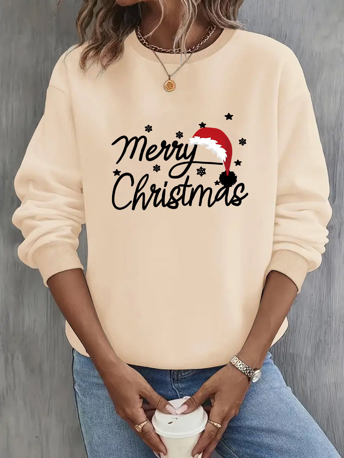 Women'S Christmas Letter Print Crew Neck Pullover Sweatshirt - Elegant Casual Long Sleeve Fleece-Lined Top with Festive Santa Hat & Star Design, All-Season Comfort for Holiday & Casual Attire, Christmas Sweatshirts, Seasonal