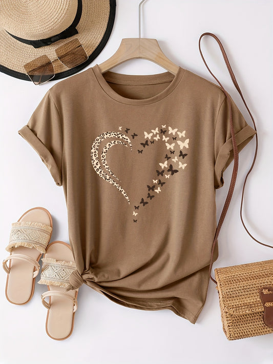 Women's Comfortable and Fashionable Round Neck Top, Casual T-shirt with Butterfly Love Print, Spring and Summer Sports, Women's Clothing
