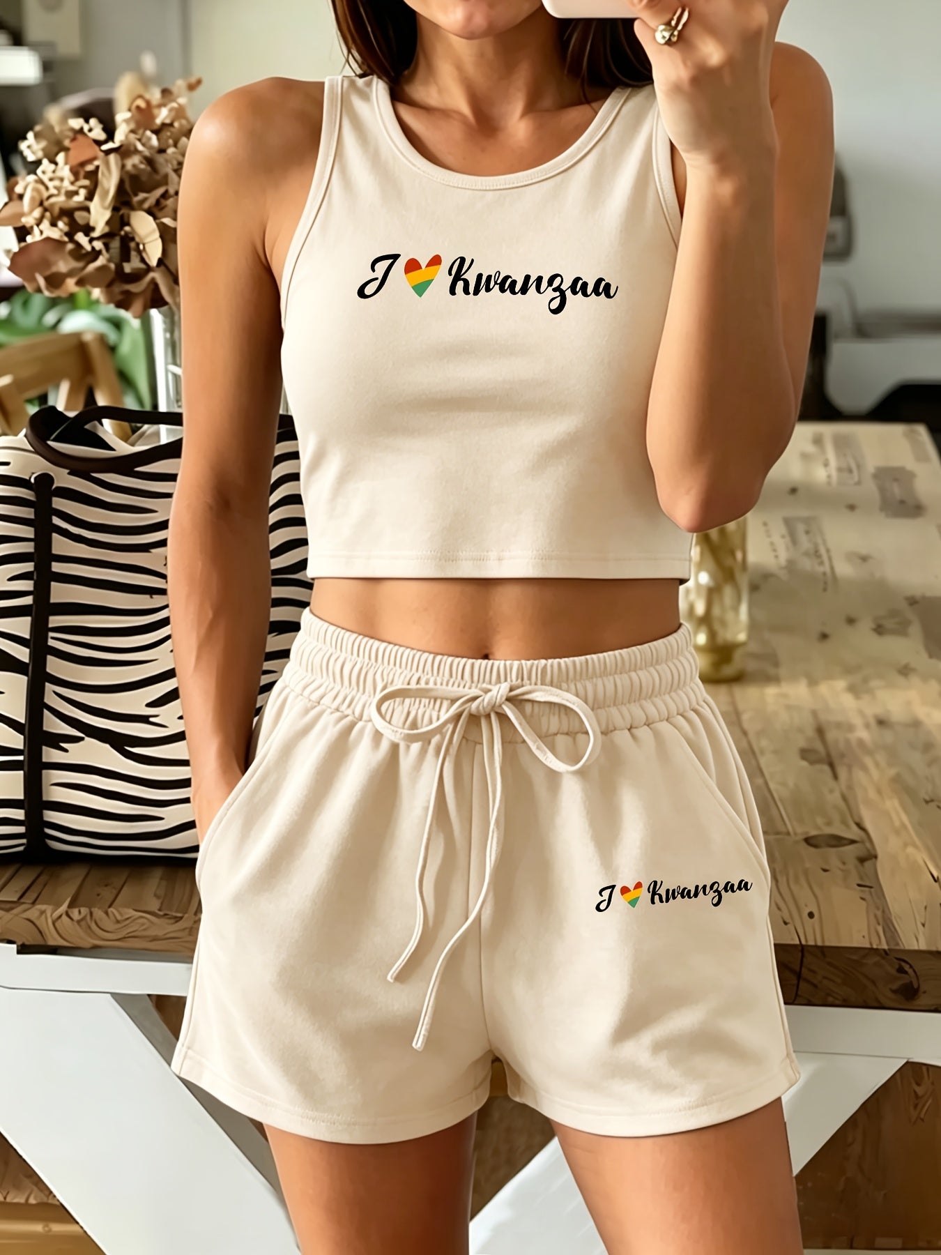 Women's Casual Two-Piece Vest and Shorts Set with Drawstring