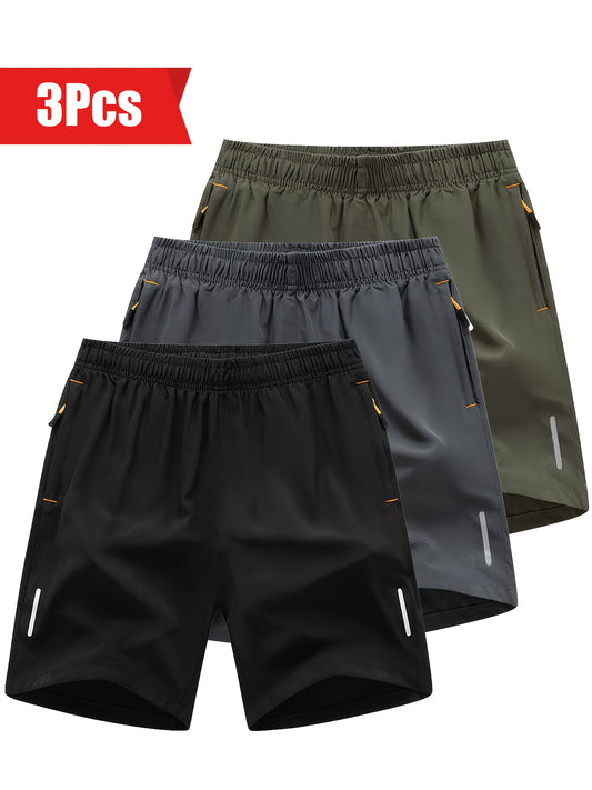 3pcs Men's Reflective Stripe Decor Sports Shorts, Elastic Waist Trendy Fitness Shorts For Summer Training