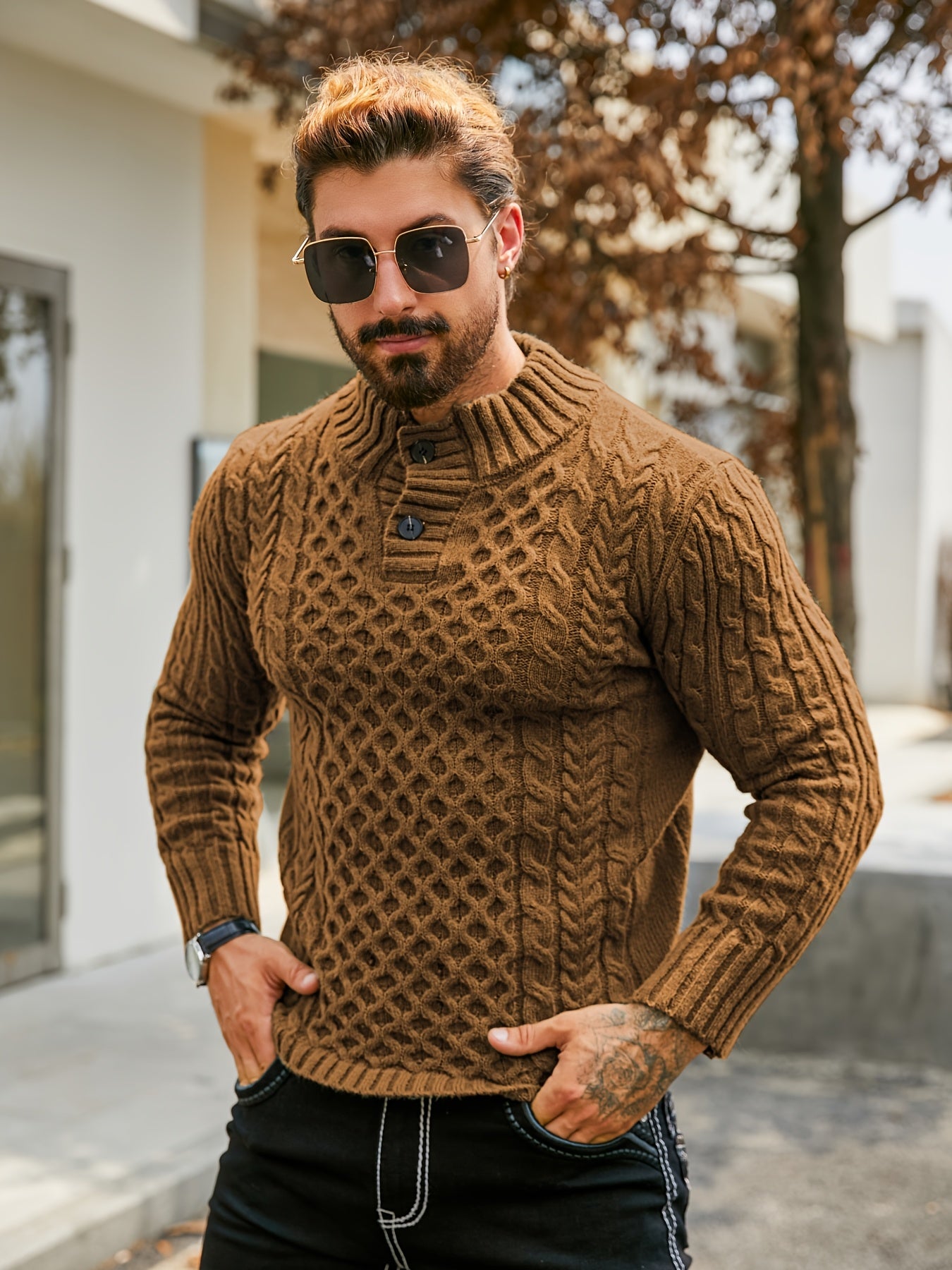 Տղամարդու ջերմային, օձիքով, մալուխով տրիկոտաժե սվիտեր - գծավոր H-աձև, կանոնավոր չափսի սվիտեր, լվացքի մեքենայով լվացվող ձմեռային սվիտեր՝ ակոսավոր դետալներով՝ աշնանային և ձմեռային համար, տրիկոտաժե սվիտեր, միջին առաձգականության գործվածք