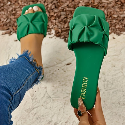 Women's Pleated Design Slide Sandals, Casual Square Open Toe Flat Summer Shoes, Lightweight Slide Sandals