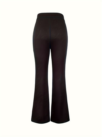 Elegant Navy Blue High-Waist Straight Leg Pants with Golden-Tone Metal Button Detail - Versatile & Chic Women's Workwear, 100% Polyester/Spandex Blend, Machine Washable