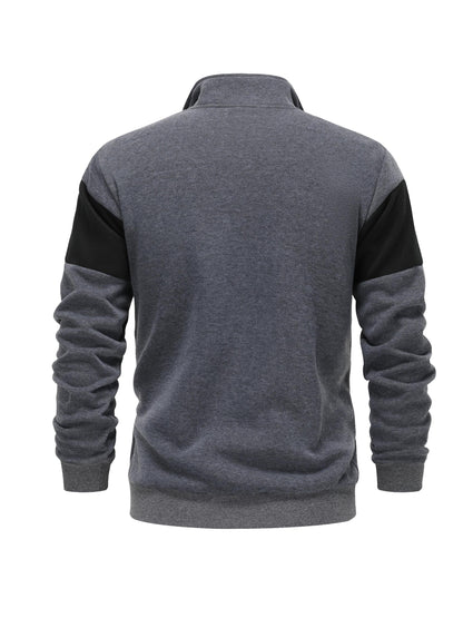 Men's Casual Stand Collar Zip-Up Fleece Jacket with Color Block