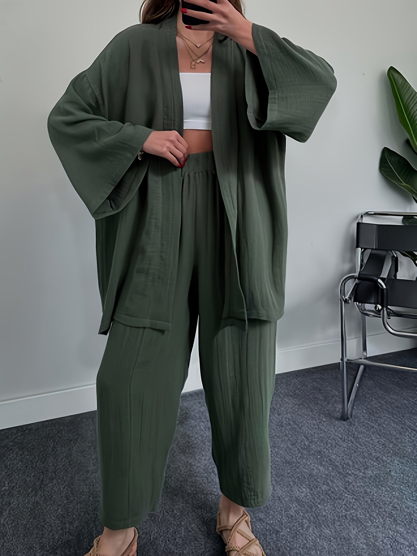 Women’s Casual Spring Summer Loose Cardigan & Wide-Leg Pants Set