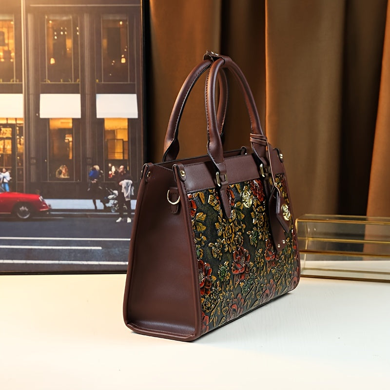Vintage Floral PU Handbag for Women with Zipper Closure