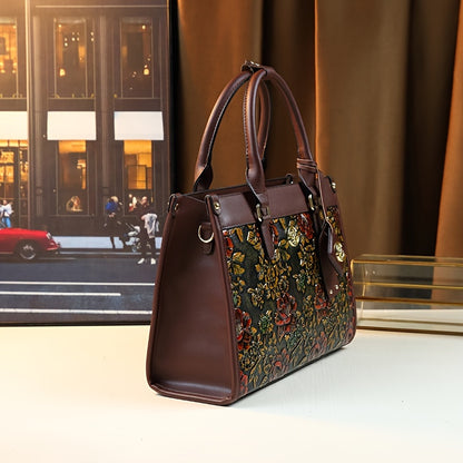 Vintage Floral PU Handbag for Women with Zipper Closure