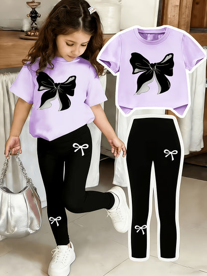 Girls Black Bow Print Top & Leggings Set, Summer Casual