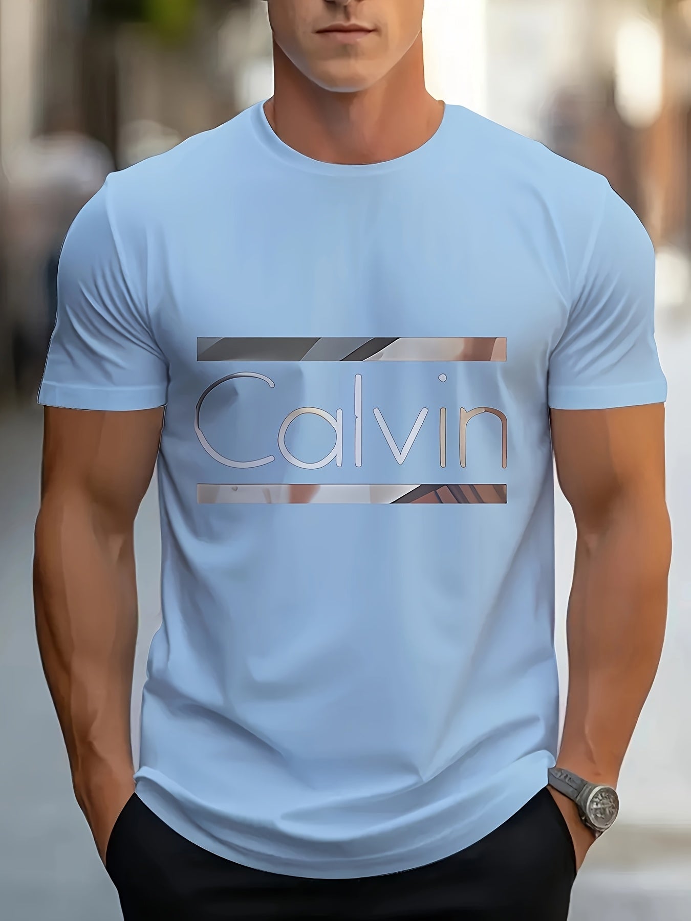 Men'S "Calvin" Graphic T-Shirt - Casual 3D Print Letter Tee with Geometric Design, Short Sleeve, Round Neck, Light Blue, Perfect for Summer, Everyday  Sportswear, Casual Wear Tee   Modern Casualwear   Comfortable Fit