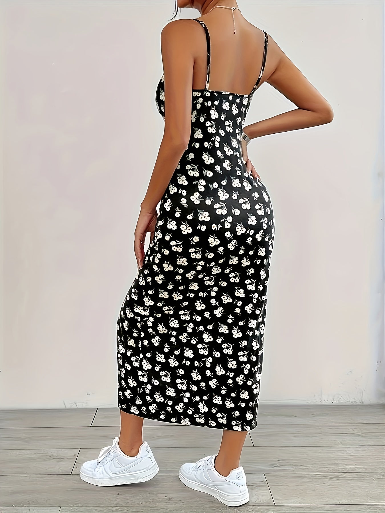 Floral Print Slit Hem Cami Dress, Stylish Backless Sleeveless Midi Cami Dress For Spring & Summer, Women's Clothing