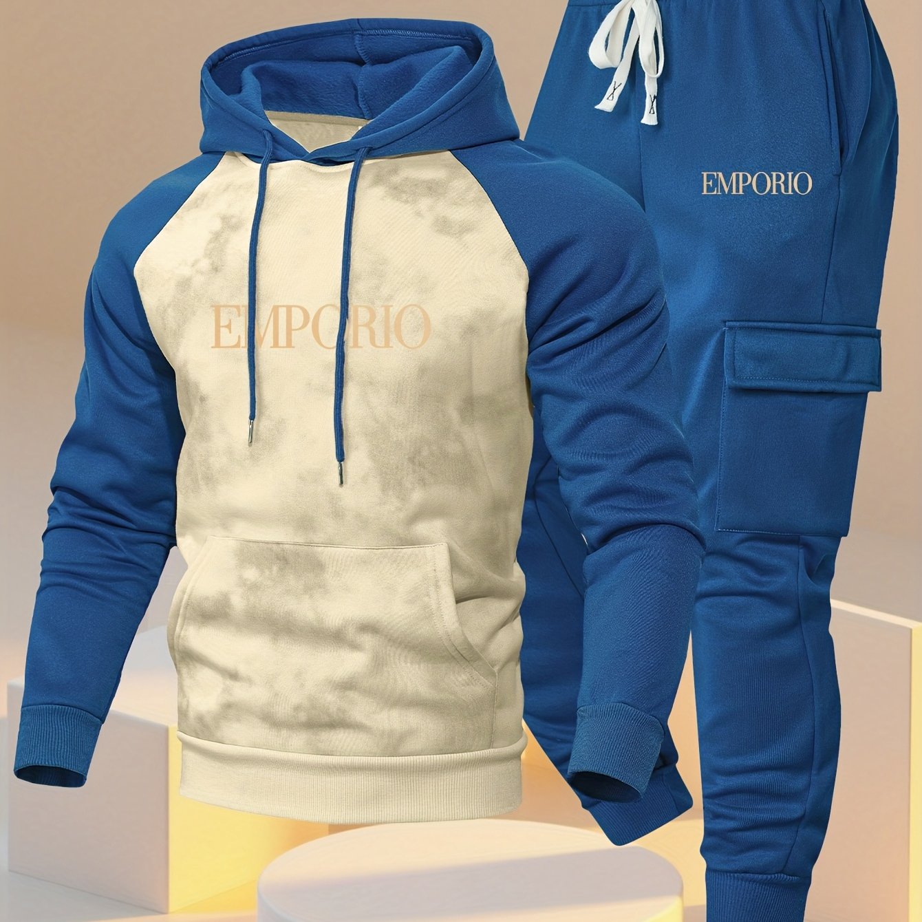 New Trendy Fashion Raglan Sleeve Colorblock Hoodie and Loose Cuffed Drawstring Cargo Pants with Multiple Pockets, Casual Daily Comfortable Versatile Breathable Hooded Sweatshirt and Loose Long Pants 2pcs Set with Stylish Prin