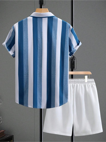 Men's Casual Striped Short-Sleeve Shirt & Shorts Set