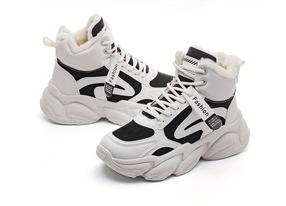 Women's Plush Fleece-Lined High-Top Sneakers - Thick-Soled Winter Warm Lace-Up Shoes with PU Upper & Cushioned PVC Sole, White/Black/Grey Chunky Dad Shoes (Cozy Round Toe) - Instagram Trendy Winter Footwear by I Trend