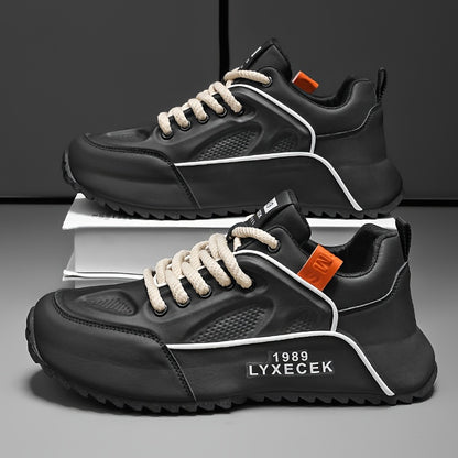 LYXCEK Men's Summer Casual Running Shoes - Trendy Chunky Sneakers with Height Boost, Black  Beige, Lace-Up, Breathable Fabric Lining, Non-Slip PVC Sole, Fit