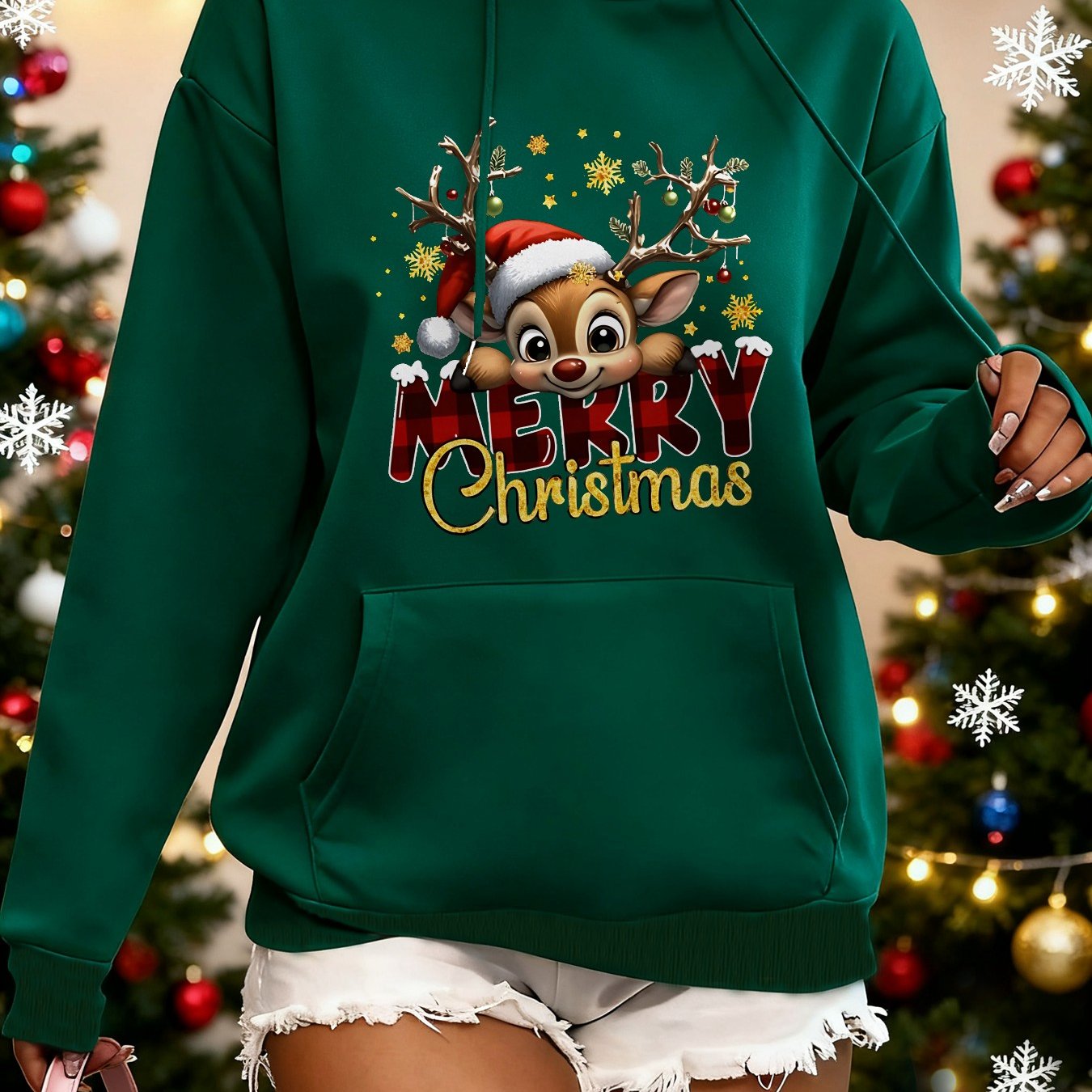 Women'S Red & Dark Green Christmas Hooded Sweatshirt with Reindeer & Snowflake Print, Cozy Winter Pullover Hoodie, Loose Fit Casual Sweater for Holiday Party