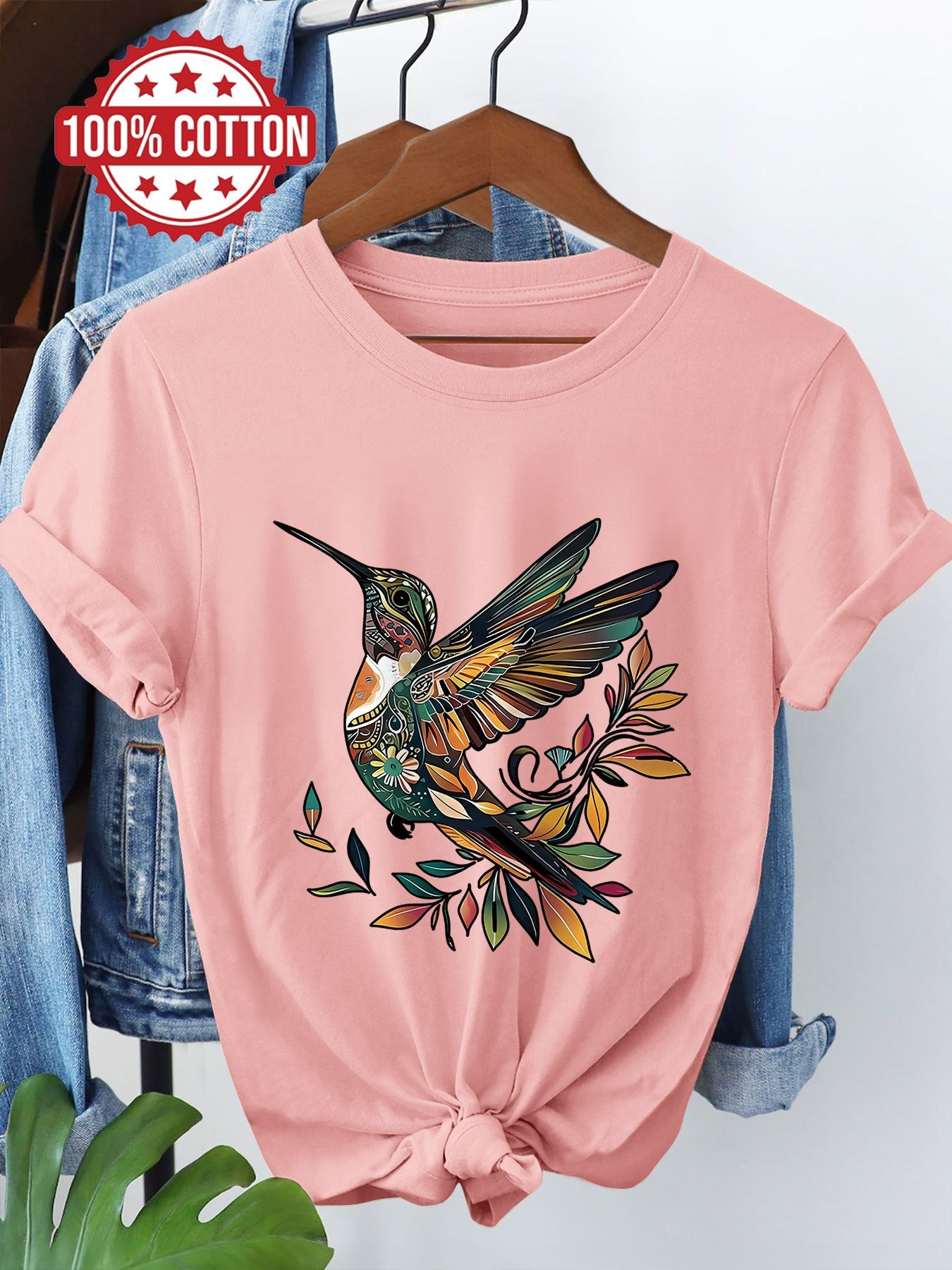 Women's Casual Cotton T-Shirt with Hummingbird Leaf Print