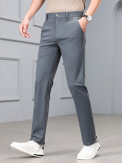Men's Slim-Fit Stretch Casual Pants with Multiple Pockets - Waterproof, UV Protection, Light Gray, Straight Leg, Nylon Blend for Spring/Fall, Button Closure, Comfortable & Stylish Design, Everyday Comfort Pants | Modern Casua