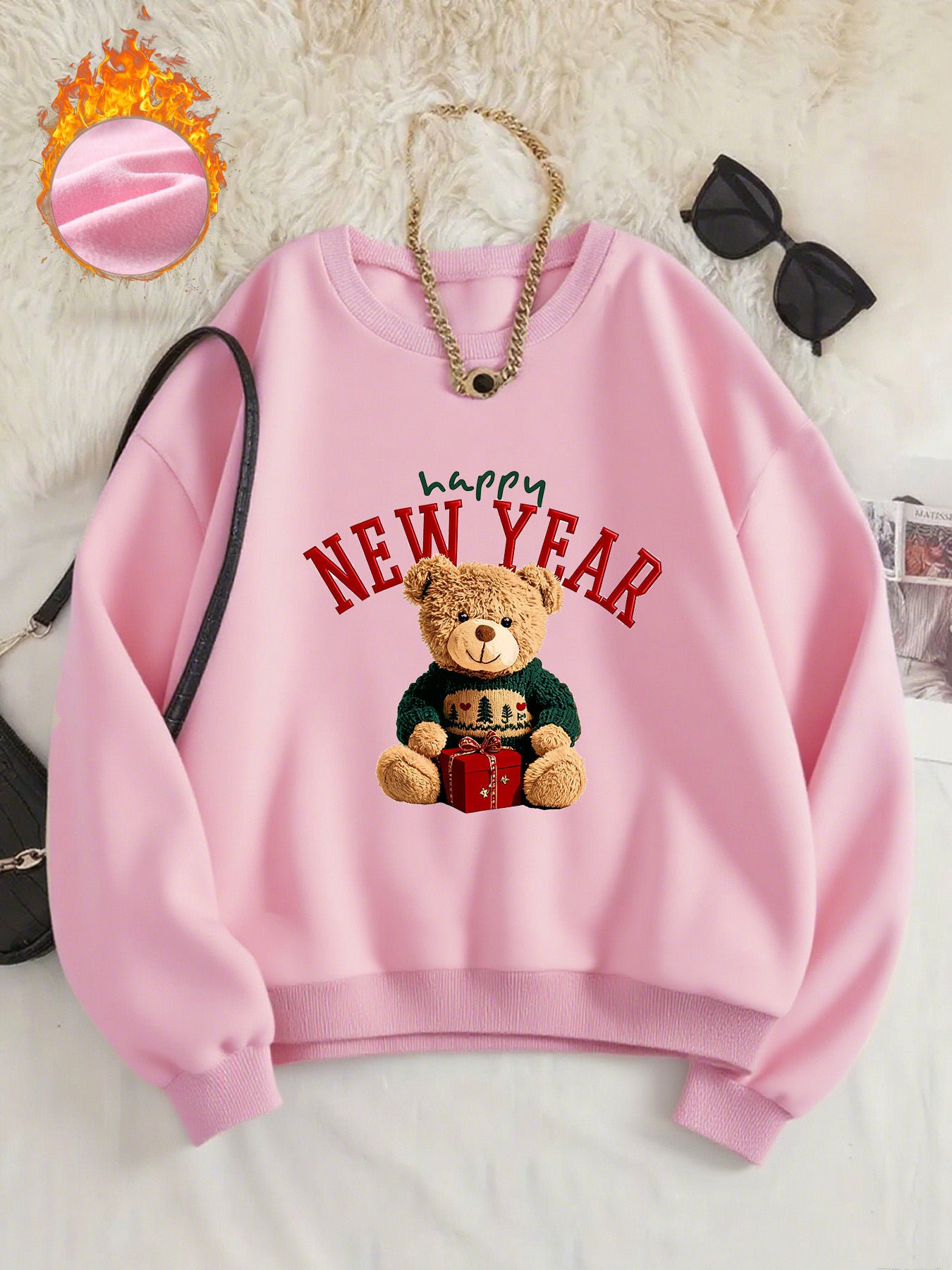 -Lined Women's Crewneck Pullover, Casual Printed Versatile Sweatshirt, Multiple Colors Available