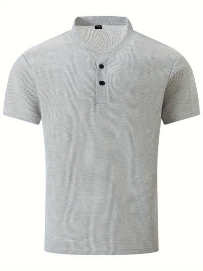 Men's Solid Waffle Stand Collar Short Sleeve Golf Shirts, Casual Style Slight Stretch Regular Fit Summer Tops, Summer Golf Shirts
