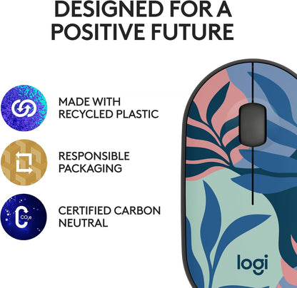 Logitech M340 Wireless Mouse with Limited Edition Prints, USB Receiver and Silent Clicks, Portable Wireless Mouse for Laptop, PC, Windows, Chrome, Surface – Floral Leaves