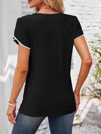 Women'S Elegant Blouse - Soft Pink Round Neck T-Shirt with Floral-like eyelet details, Breathable Loose Fit Top for Casual & Formal Outfits - Everyday Summer Shirt for Women, Ladies T Shirts, Versatile Clothing, Feminine Styl