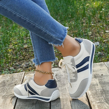 Women's Casual White Sneakers with Blue Accents - Breathable & Comfortable Lace-Up Running Shoes, Low-Top Fitness & Travel Footwear, Soft Rubber Sole, All-Season Wear