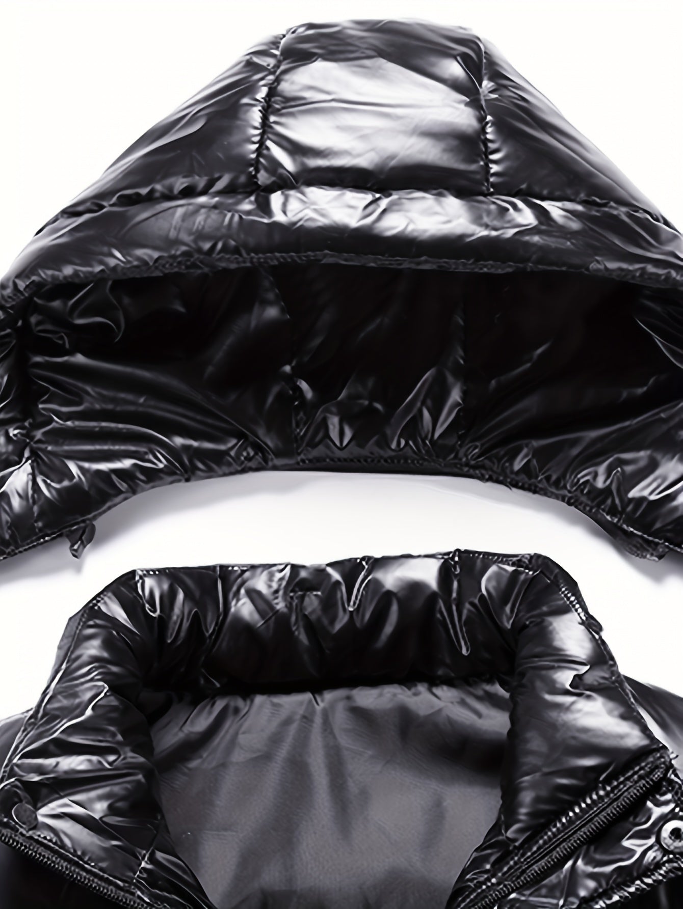 Men's Black Glossy Finish Jacket with Hood - Winter Coat, Zippered Pockets, Ribbed Cuffs & Waistband, Hand Wash Only, Regular Fit for Autumn & Cold Weather