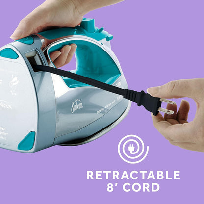Sunbeam Steammaster 1400 Watt Iron with 8' Retractable Cord, Large Anti-Drip Nonstick Stainless Steel Soleplate, Horizontal or Vertical Shot of Steam and 3-Way Auto Shut-Off, Chrome/Teal