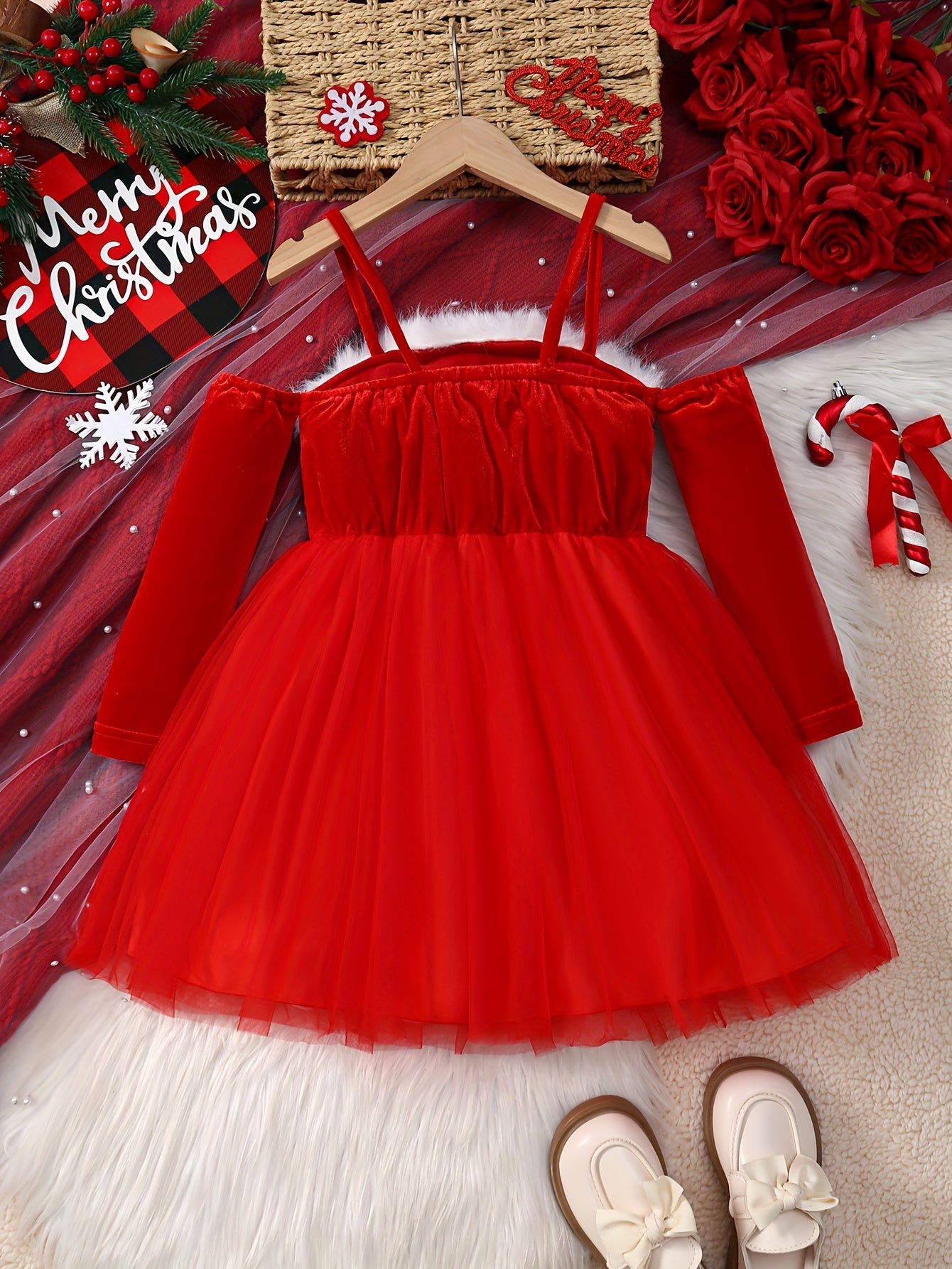 Girls' Christmas Red & White Tulle Dress with Spaghetti Strap Off-Shoulder Neckline, Long Sleeves, Fluffy Trim Hem & Golden Belt - Elegant Party Dress for Holiday Celebrations, Christmas Pageant, New Year's Eve - Machine Wash