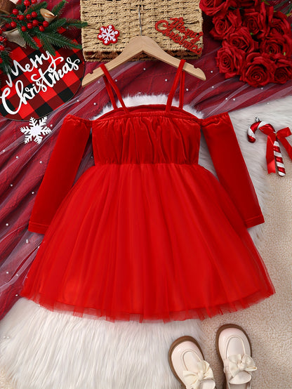 Girls' Christmas Red & White Tulle Dress with Spaghetti Strap Off-Shoulder Neckline, Long Sleeves, Fluffy Trim Hem & Golden Belt - Elegant Party Dress for Holiday Celebrations, Christmas Pageant, New Year's Eve - Machine Wash