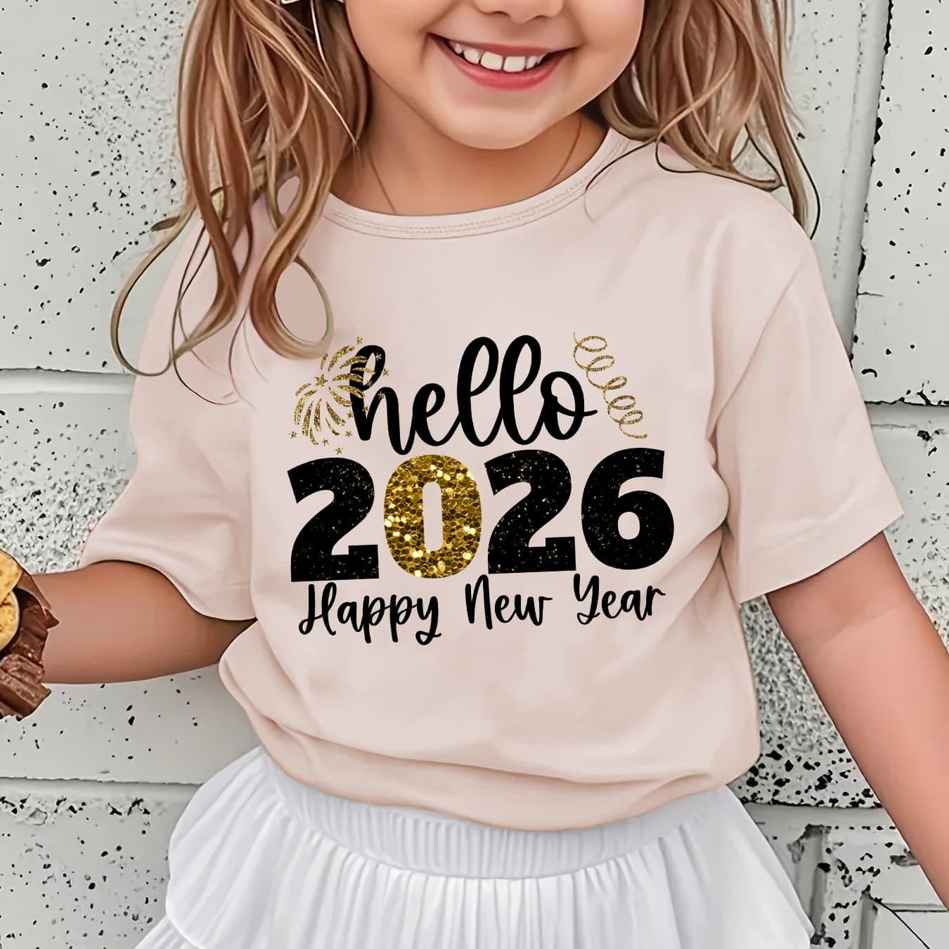 Girls' 2026 New Year T-Shirt - Hello 2026 Happy New Year Graphic Tee with Golden Number 2026, Heart, & Golden Lettering - Lightweight Summer Top for Birthday Party, Girls Clothes