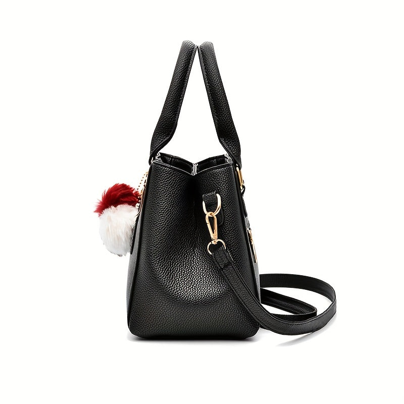 Դասական միագույն կրծկալով պայուսակ, նորաձև, էլեգանտ, համընկնող վերին բռնակով պայուսակ պոմպոնների դեկորով