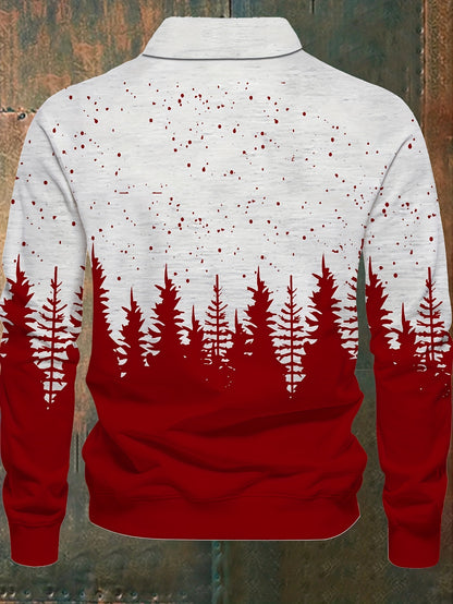 Men'S Plus Size Long Sleeve Henley Shirt with Forest & Deer Application, 100% Polyester Knit Fabric, Regular Fit Sporty & Party Top with Collared Neck and Slight Stretch - Printed Design