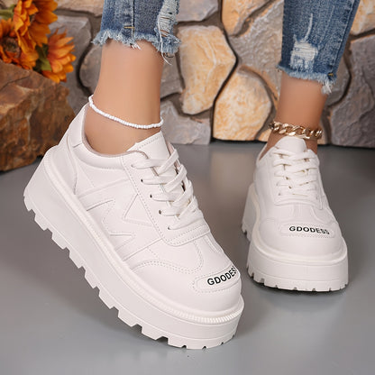 Women's Casual Lace-Up Sneakers - Breathable, Thick Sole, Round Toe, Faux Cover - White, High Top Sneakers