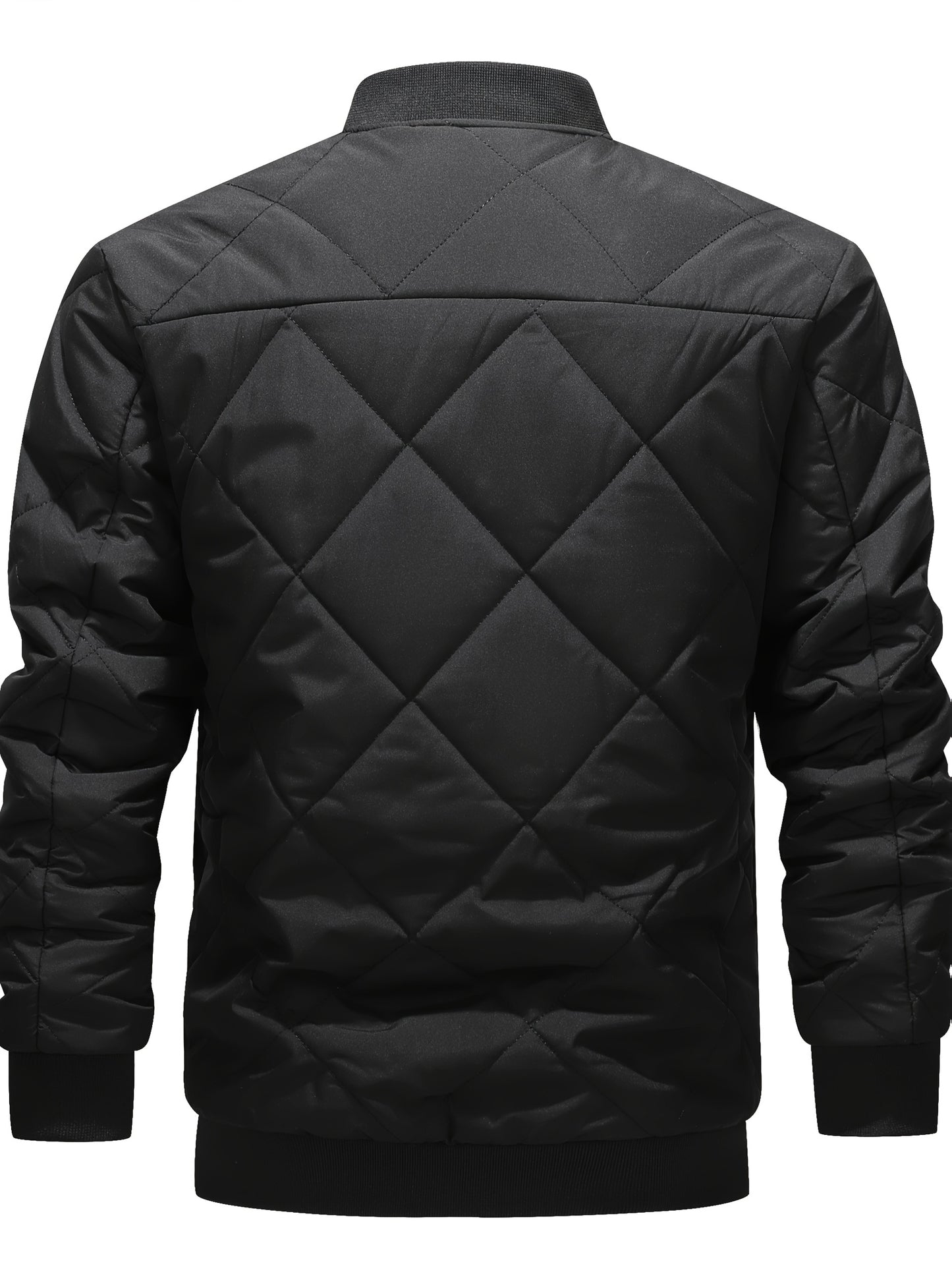 Men's Winter Casual Bomber Jacket - Black with Diamond Quilted Design, 100% Polyester, Zipper Front & Side Pockets, Regular Fit for Outdoor Activities
