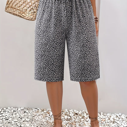Plus Size Women's Lightweight Beach Shorts - Casual Blue and White Floral Print, Drawstring Waist, Polyester, Machine Washable, Knee-Length with Pockets