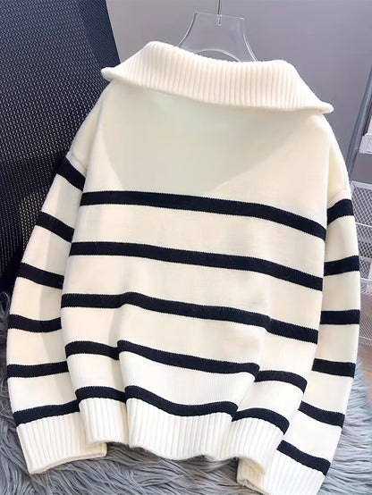 Elegant Striped Zip-Up Knit Sweater - Cozy Acrylic & Polyester Blend, Perfect for Fall/Winter, Cozy Sweater