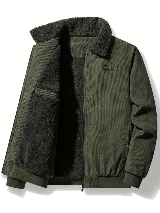 Men's Warm And Thick Long Sleeve Lapel Collar Jacket With Label Patchwork And Pockets, Casual And Classic Jacket With Fleece For Autumn And Winter Outdoors Wear