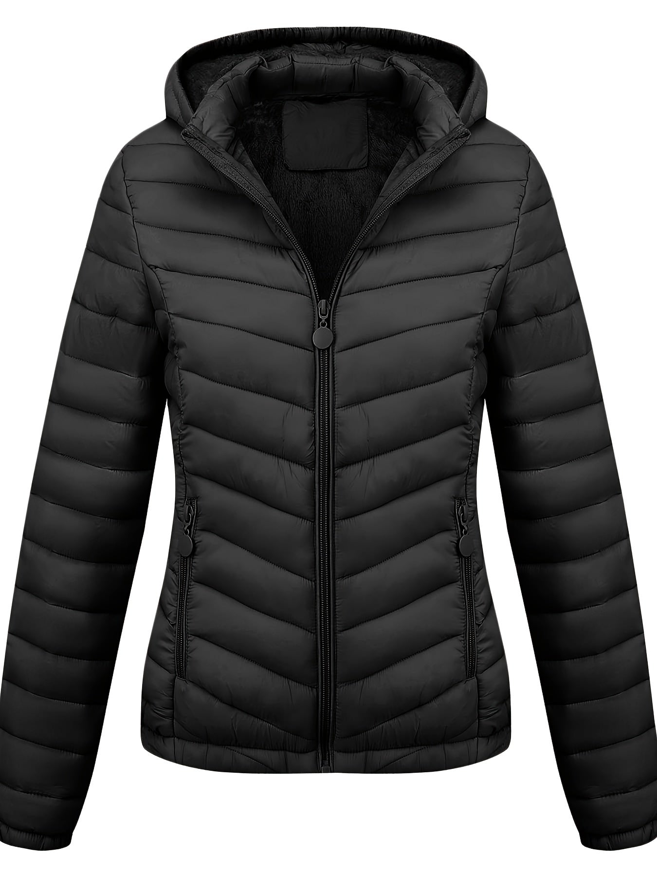 Կանացի թեթև, սև, գլխարկով ձմեռային բաճկոն՝ գրպաններով - Էլեգանտ երկար թևքերով վերնազգեստ, նեյլոնե նյութ, կայծակաճարմանդով դիզայն, իդեալական է առօրյա կամ ճանապարհորդության համար, ձմեռային վերարկուներ