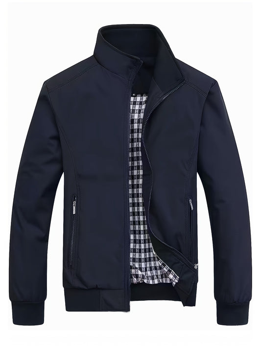Men's Long Sleeve Zip Up Stand Collar Coat, Business Stand Collar Jacket With Zipper Pockets, Spring Autumn Men's Clothing