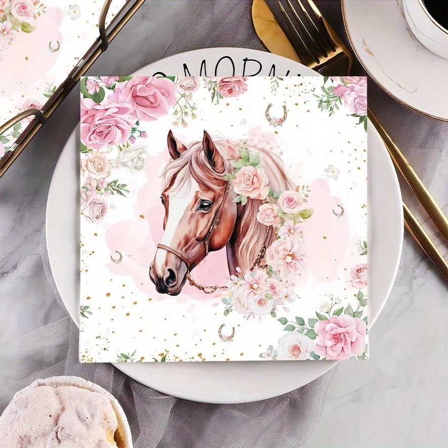 20-Pack Floral Horse Party Napkins - Elegant Pink Roses & Golden Glitter Design, 2-Ply Decorative Paper Tableware for Birthdays, Celebrations, and Festive Occasions, Birthday Party Decorations for Christmas,Newyear,Valentine,