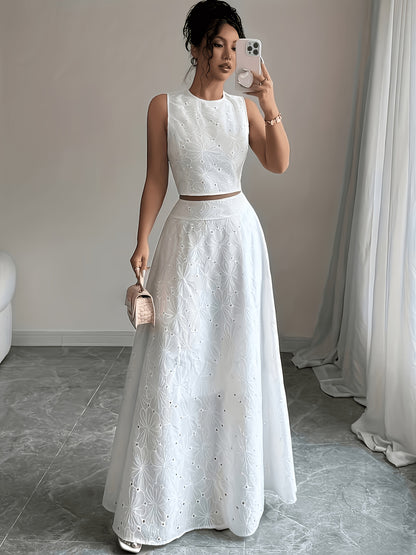 Elegant French Retro Two-Piece Set with Sleeveless Top & Maxi Skirt