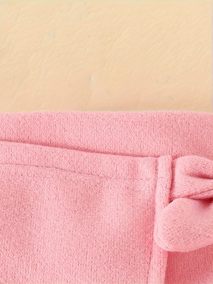 Honey Style Knitted Fabric Crew Neck Long Sleeve T-Shirt with Solid Color Flared Skirt and Beret Set for - Bow Detail Knee High Medium Stretch Fall/Winter Outfit