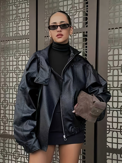 Women's Vintage H-Line Loose Polyester Jacket with Stand Collar