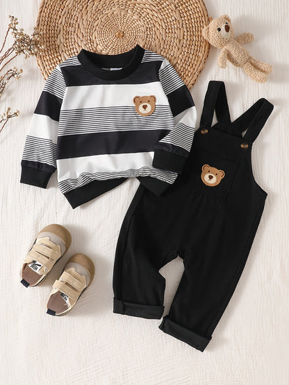 Boys' Fall/Winter Striped Top & Corduroy Suspender Overalls Set