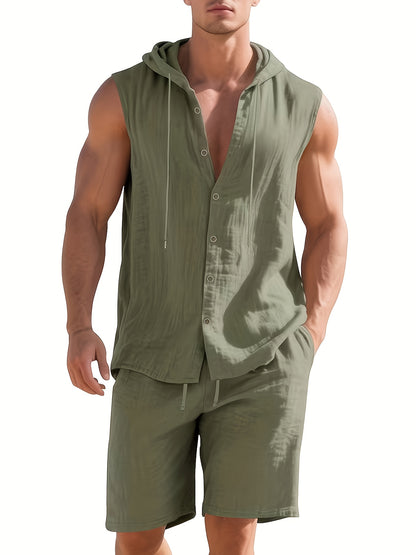 Men's Summer Linen Hooded Sleeveless Shirt & Shorts Set