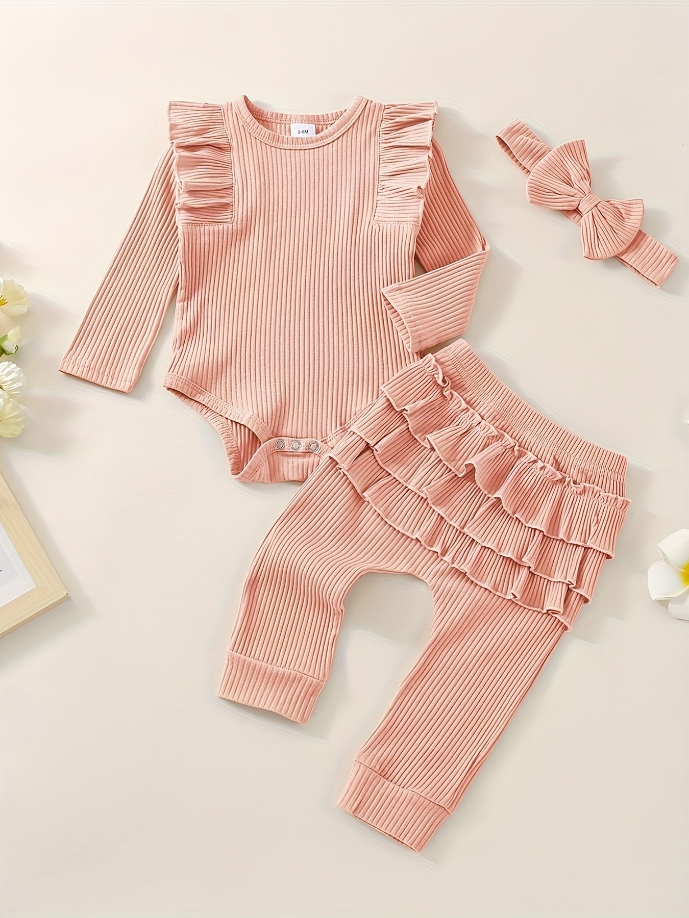 3pcs Baby Girl Outfit Set, Cute Ribbed Ruffle Long Sleeve Romper & Pants, 95% Cotton 5% Spandex, Crew Neck Pullovers, Solid Color, Regular Fit, No Belt, Fall/Winter Knit Fabric, 0-18 Months, for Outdoor