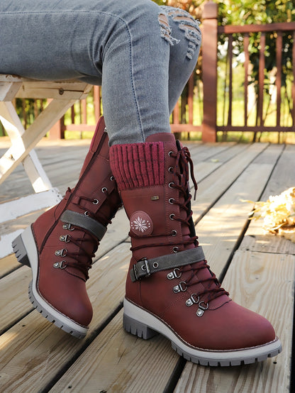 Women'S Comfortable Knitted Mid-Calf Winter Boots - Anti-Slip Side Zipper Lace-Up Design, Thick Sole, Fleece-Lined Retro Style in Black/Brown/Beige/Red/White for Casual Wear, Women Cowboy Boots, Women Winter Boots, Women Autu
