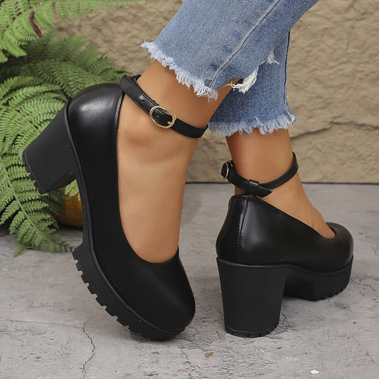 Women'S Trendy Ankle Boots - Versatile Mid-Heel, Comfortable Sole, Buckle Strap, Solid Color Platform Shoes for Casual Attire